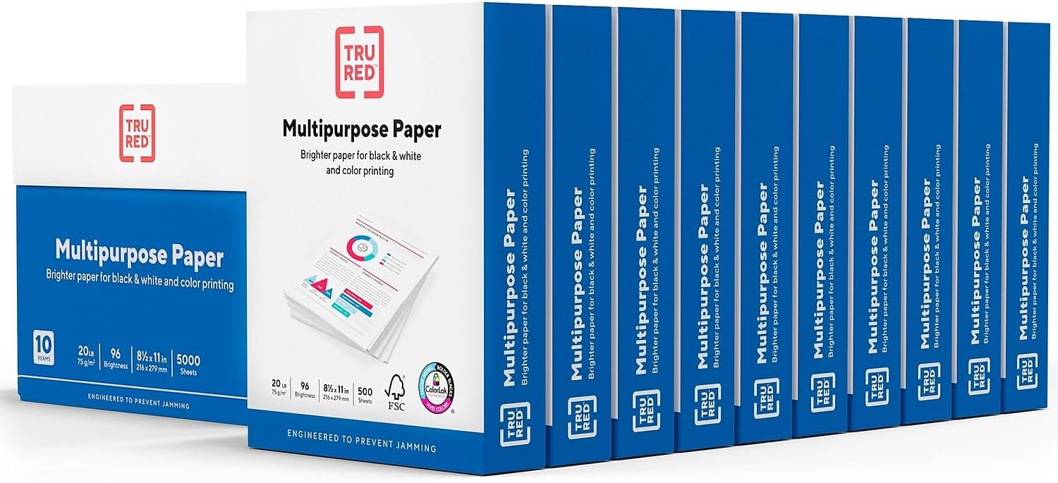 TRU RED Multipurpose Paper 8.5 x 11 Inch 20 lb 96 Bright White, 10 Reams Carton