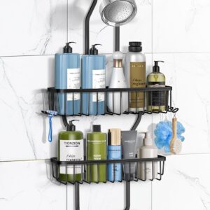 Shower Caddy Hanging – Never Rust Shower Hanging Organizer – Aluminum Over the ShowerHead Caddy with Soap Basket and 6 Hooks for Razor/Sponge (Black)