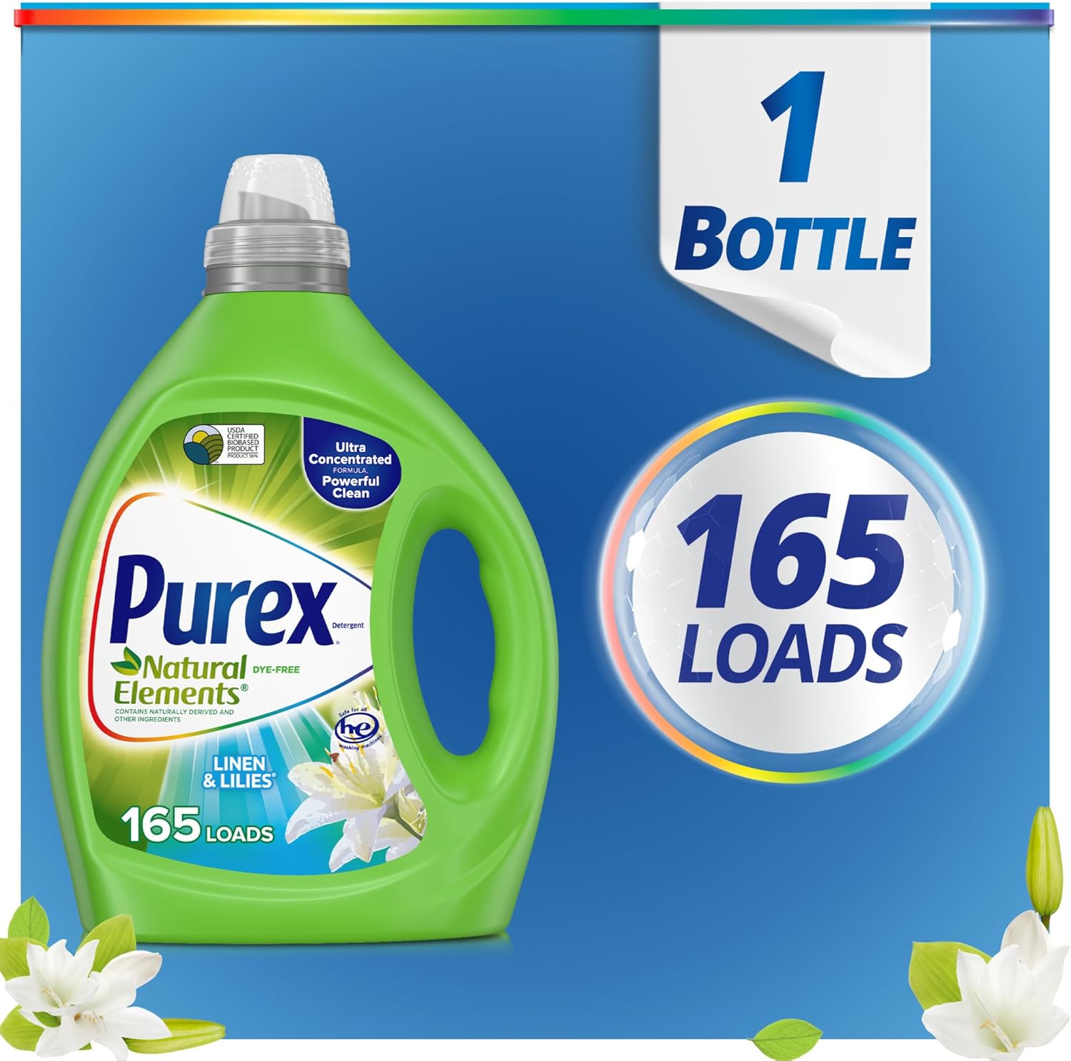 Purex Natural Elements Fresh Lilies & Linen Liquid Detergent, 82.5 oz, 165 Loads, Ultra-Concentrated, Dye-Free, USDA Certified Biobased Product - Image 3