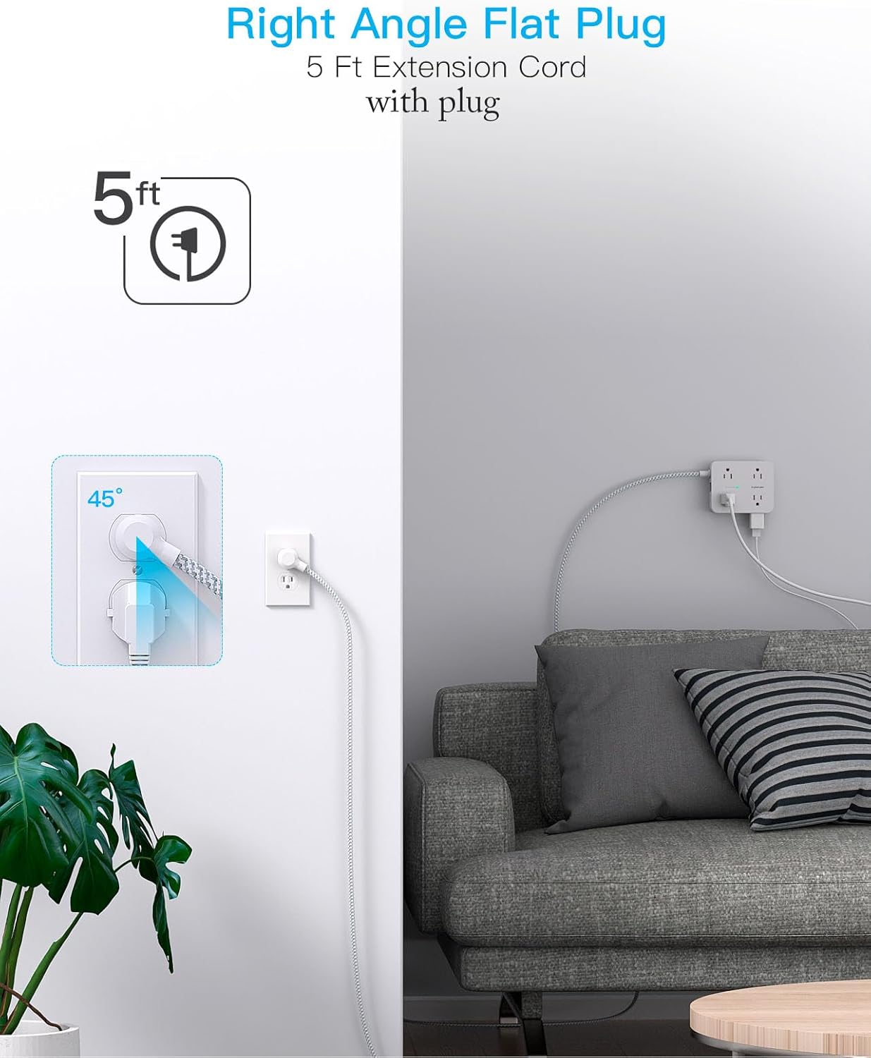 Surge Protector Power Strip - HANYCONY 8 Outlets 4 USB (2 USB C) Charging Ports, Multi Plug Outlet Extender, 5Ft Braided Extension Cord, Flat Plug Wall Mount Desk Charging Station for Home Office ETL - Image 7