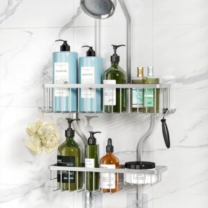 YASONIC Never-Rust Aluminum Hanging Shower Caddy – Over-the-Showerhead Organizer with 10 Hooks for Razor and Sponge – Includes Soap Basket – Silver
