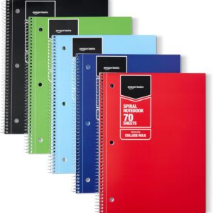 Amazon Basics College Ruled Spiral Notebook, For Work and School, 70 Sheets, 8″ x 10.5″, Assorted Solid Colors, 5 pack