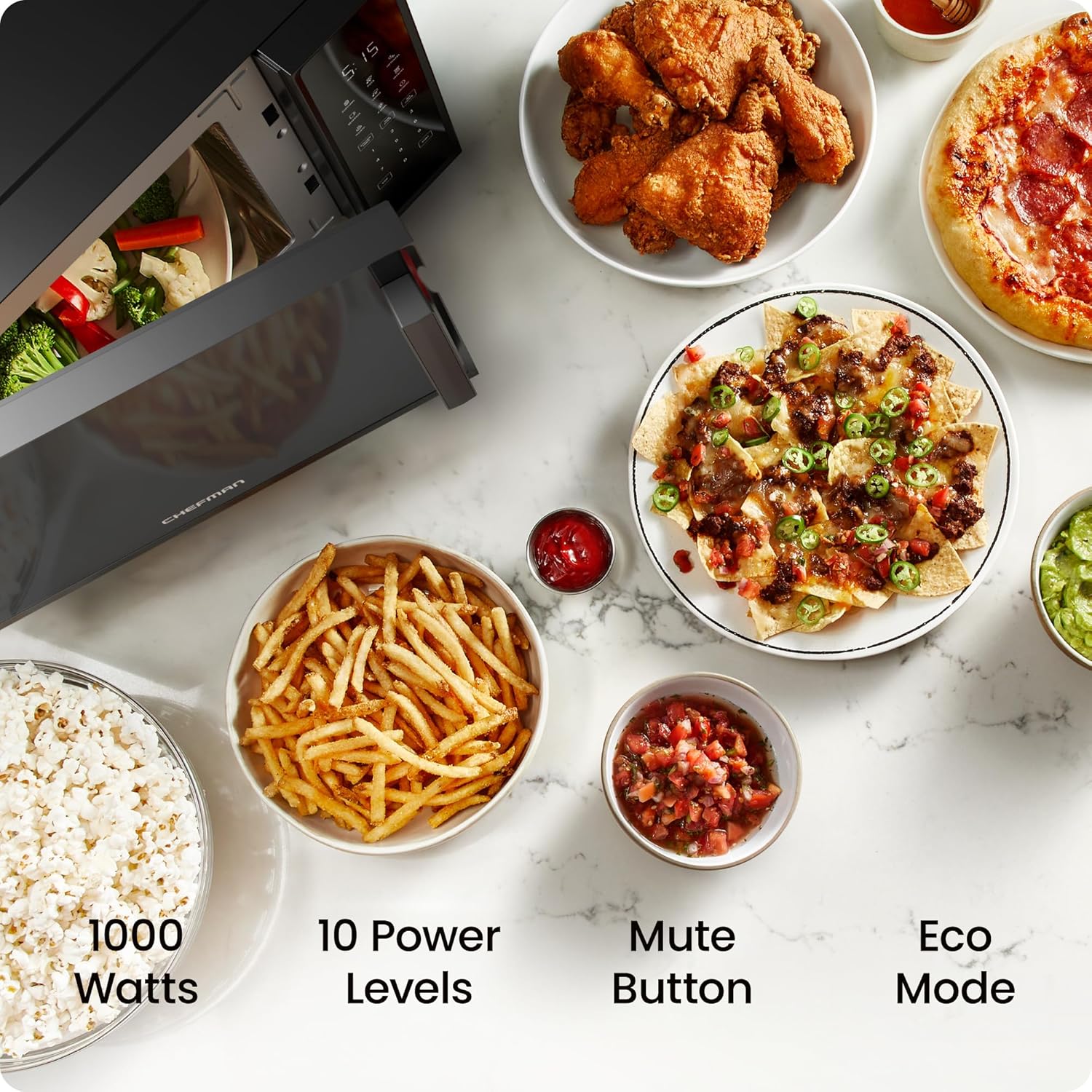 Chefman Countertop Microwave Oven 1.1 Cu. Ft., 1000 Watts with 10 Power Levels, 6 Cooking Presets with One-Touch Express Cook, Eco Mode, Child Safety Lock, & Mute Button - Black - Image 2