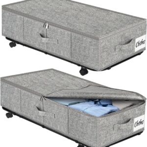 Large Sturdy Under Bed Storage with Wheels, 2 Pack 50L Rolling Underbed Storage Bins, Under Bed Containers Drawer with Metal Bottom Support, Bedroom Organizer with Lids for Clothes, Shoes, Blankets