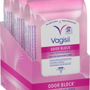 Vagisil Odor Block Daily Freshening Wipes for Feminine Hygiene in Resealable Pouch, Gynecologist Tested & Hypoallergenic, 20 Wipes (Pack of 3)
