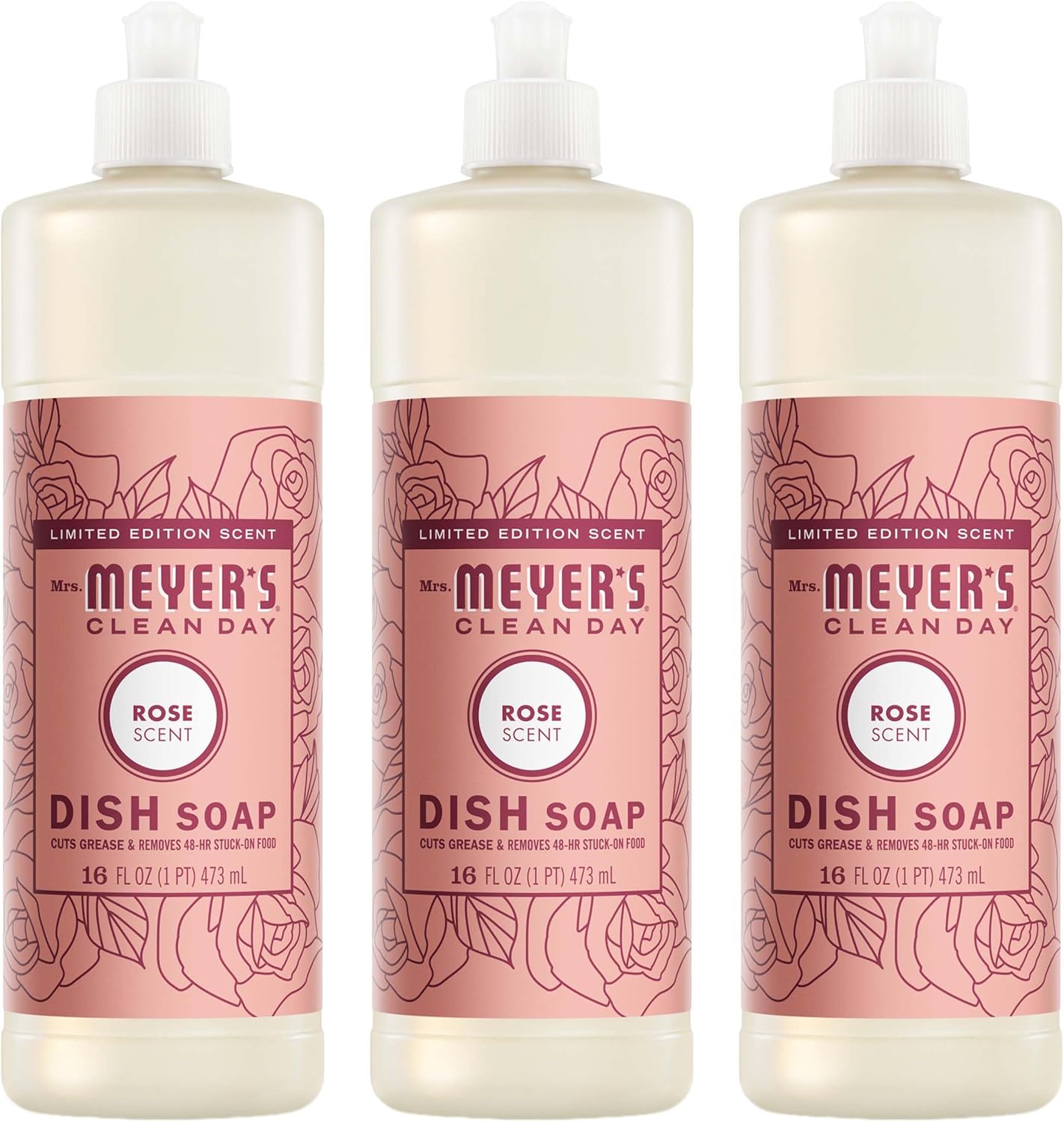 MRS. MEYER'S CLEAN DAY Liquid Dish Soap, Rose Scent, 16 Fl Oz Bottle - 3 Pack