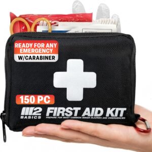 M2 BASICS Compact First Aid Kit, 150 Pieces, Portable Emergency Kit with Carry Bag and Carabiner for Travel, Car, Hiking, Purse