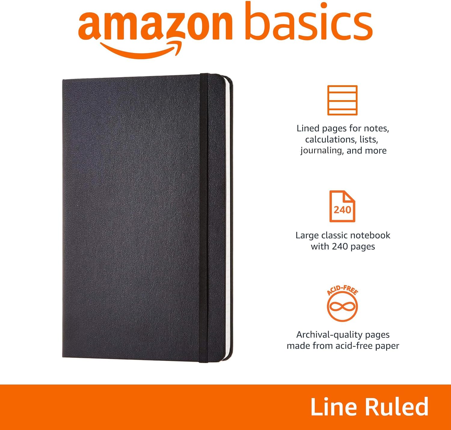 Amazon Basics Classic Lined Writing Notebook for Note Taking and Journaling, Hardcover with Elastic Closure, 240 Pages, 5" x 8.25", Black - Image 2