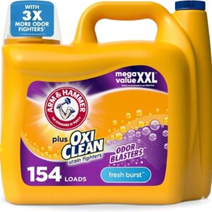 ARM & HAMMER Plus OxiClean with Odor Blasters Liquid Laundry Detergent, Laundry Odor Remover, Attacks Stains, Fresh Burst Scent, 154 Loads, 200.2 Fl Oz