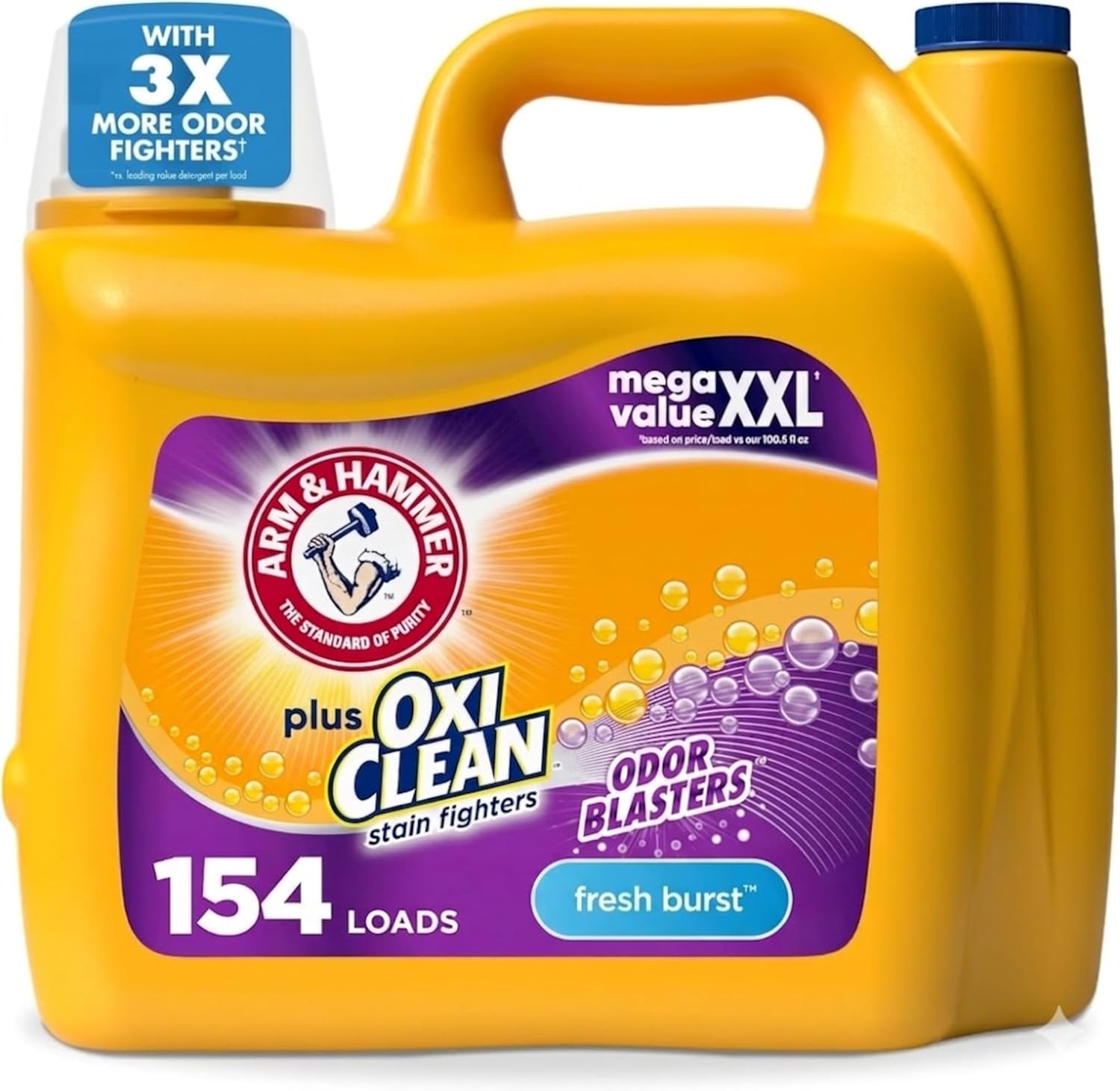 ARM & HAMMER Plus OxiClean with Odor Blasters Liquid Laundry Detergent, Laundry Odor Remover, Attacks Stains, Fresh Burst Scent, 154 Loads, 200.2 Fl Oz