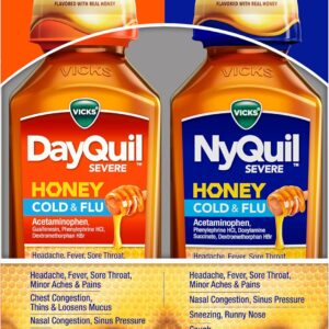 Vicks DayQuil and NyQuil Severe Cold & Flu, Honey, Liquid Over-the-Counter Medicine, 2×12 Oz