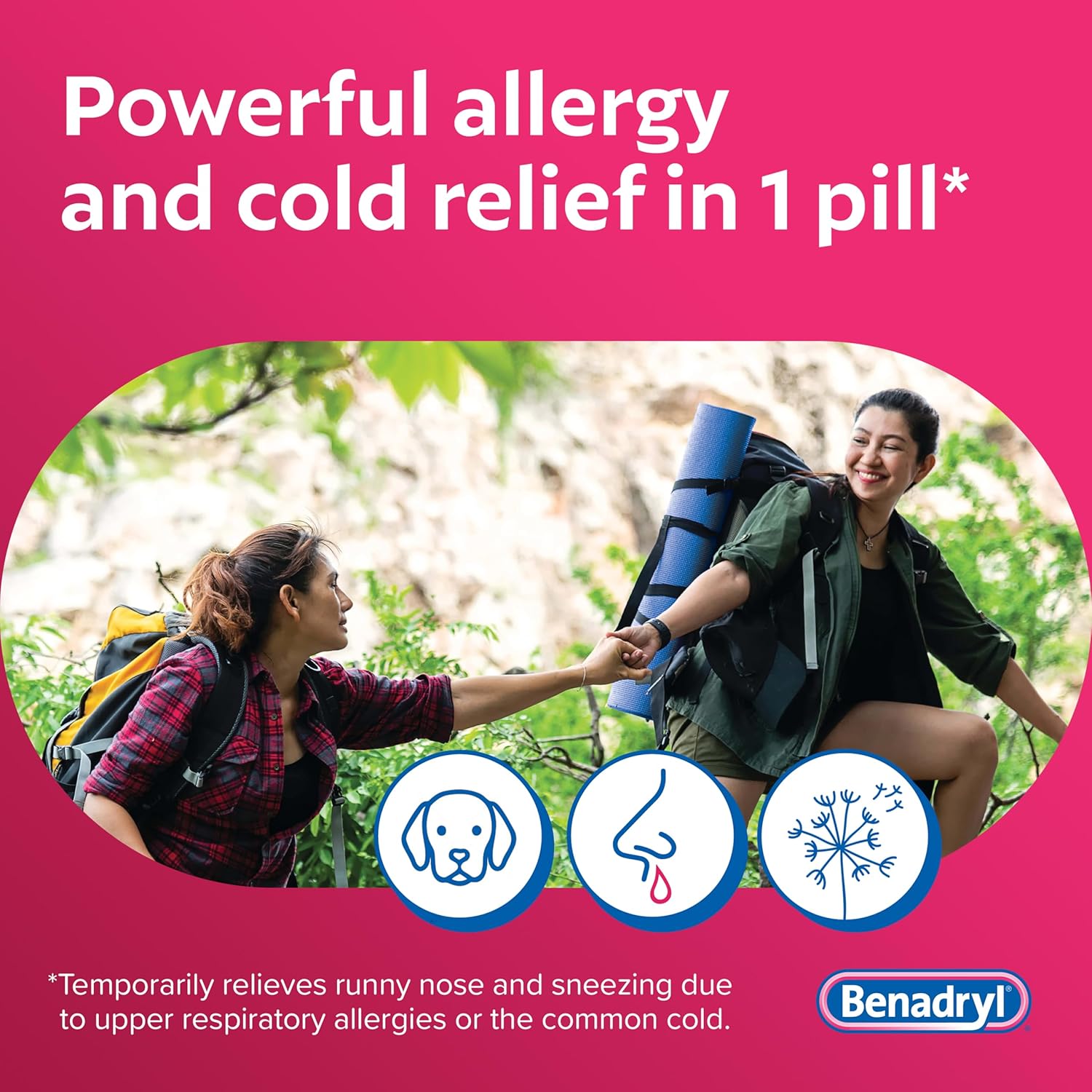 Benadryl Ultratabs Allergy Medicine, 25 mg Diphenhydramine HCl Antihistamine Tablets For Cold & Allergy Relief of Symptoms Like Sneezing, Runny Nose, Itchy Eyes & Throat, Hay Fever, 100 Count Tablets - Image 2