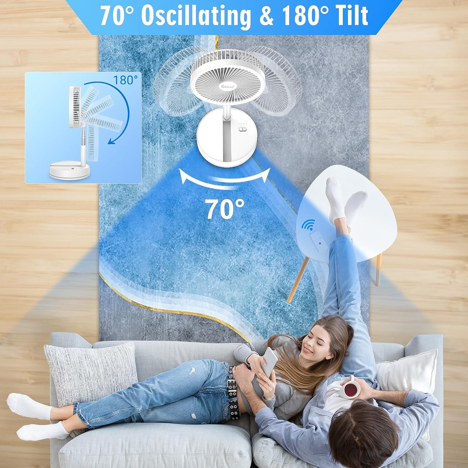 Portable Foldable Rechargeable Oscillating Fan - 8.6" 8000mah Battery Operated USB C Small Fan with Remote Quiet Table Desk Fan Folding Standing Pedestal Fan for Bedroom Rome Office Camping Travel - Image 2