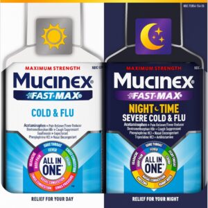 Mucinex Fast-Max Cold and Flu & Nightshift Medicine for Adults, Over-The-Counter Medication Combo Pack for Sore Throat Relief, Decongestant, Cough & Cold Medicine (2 x 6 Fl Oz)