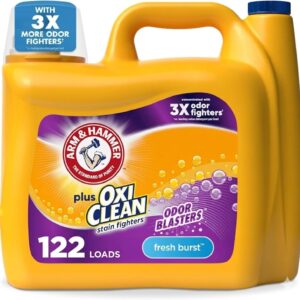 ARM & HAMMER Plus OxiClean with Odor Blasters Liquid Laundry Detergent, Laundry Odor Remover, Attacks Stains, Fresh Burst Scent, 122 Loads, 158.6 Fl Oz