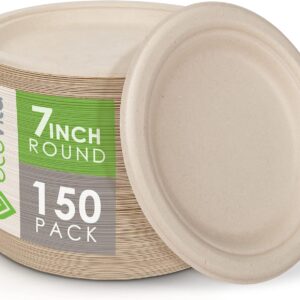 Ecovita 100% Compostable Paper Plates [7 in.] – 150 Disposable Plates Eco Friendly Sturdy Tree Free Liquid and Heat Resistant Alternative to Plastic or Paper Plates