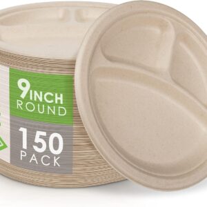 Ecovita 100% Compostable Paper Plates [9 in.] COMPARTMENTS – 150 Disposable Plates Eco Friendly Sturdy Tree Free Liquid and Heat Resistant Alternative to Plastic or Paper Plates
