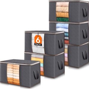 Lifewit 6 Pack Clothes Storage Bins with Lids, Foldable Blanket Storage Bags with Zippers, Clear Window and Reinforced Handles, Closet and Organization for Clothing, Sweater, Comforter, Bedding
