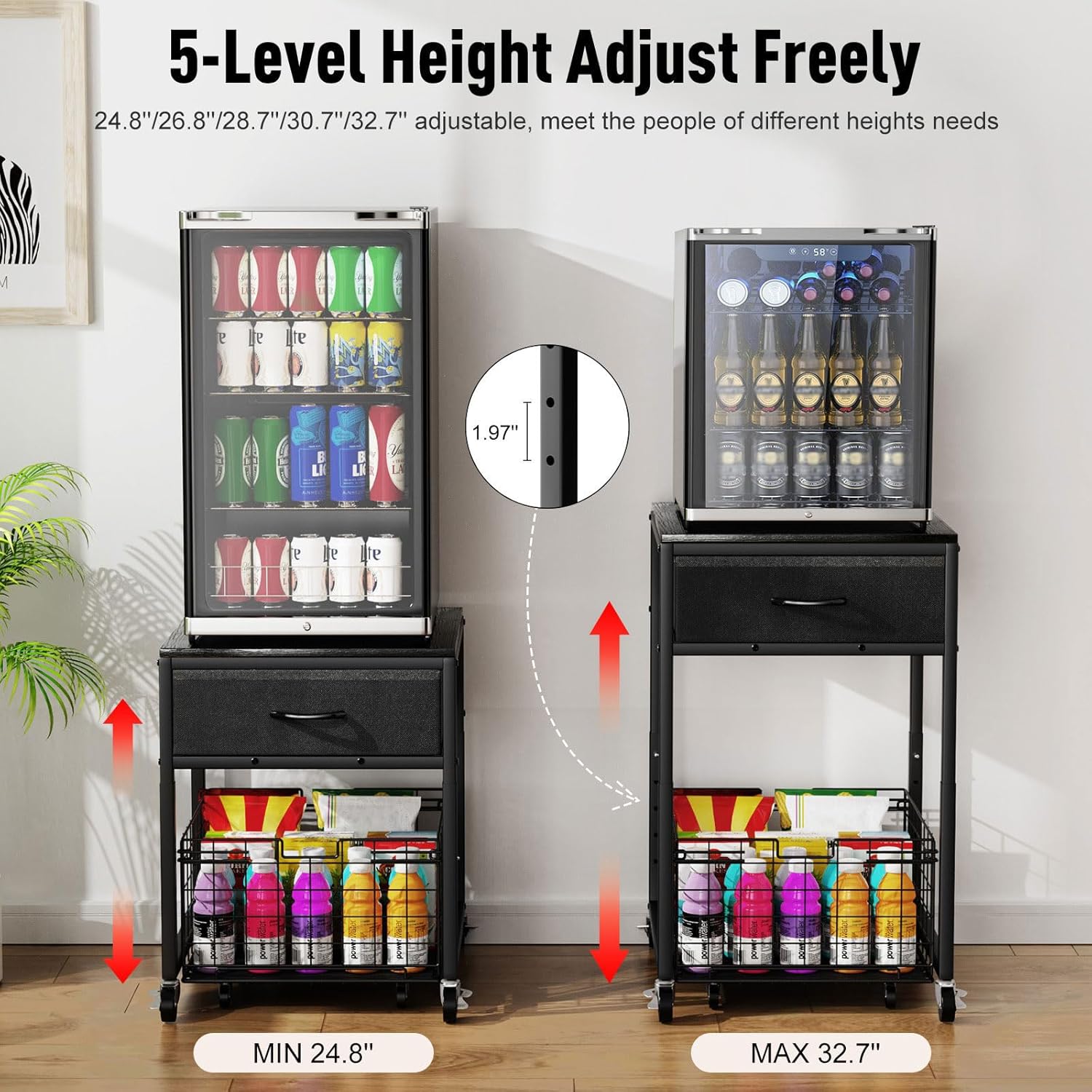 Housolution Mobile Mini Fridge Stand with Storage, Height-Adjustable Mini Beverage Fridge Table, Coffee Bar, 200 lbs Heavy-Duty Compact Refrigerator Shelf with Rolling Cabinet for Kitchen Home, Black - Image 3