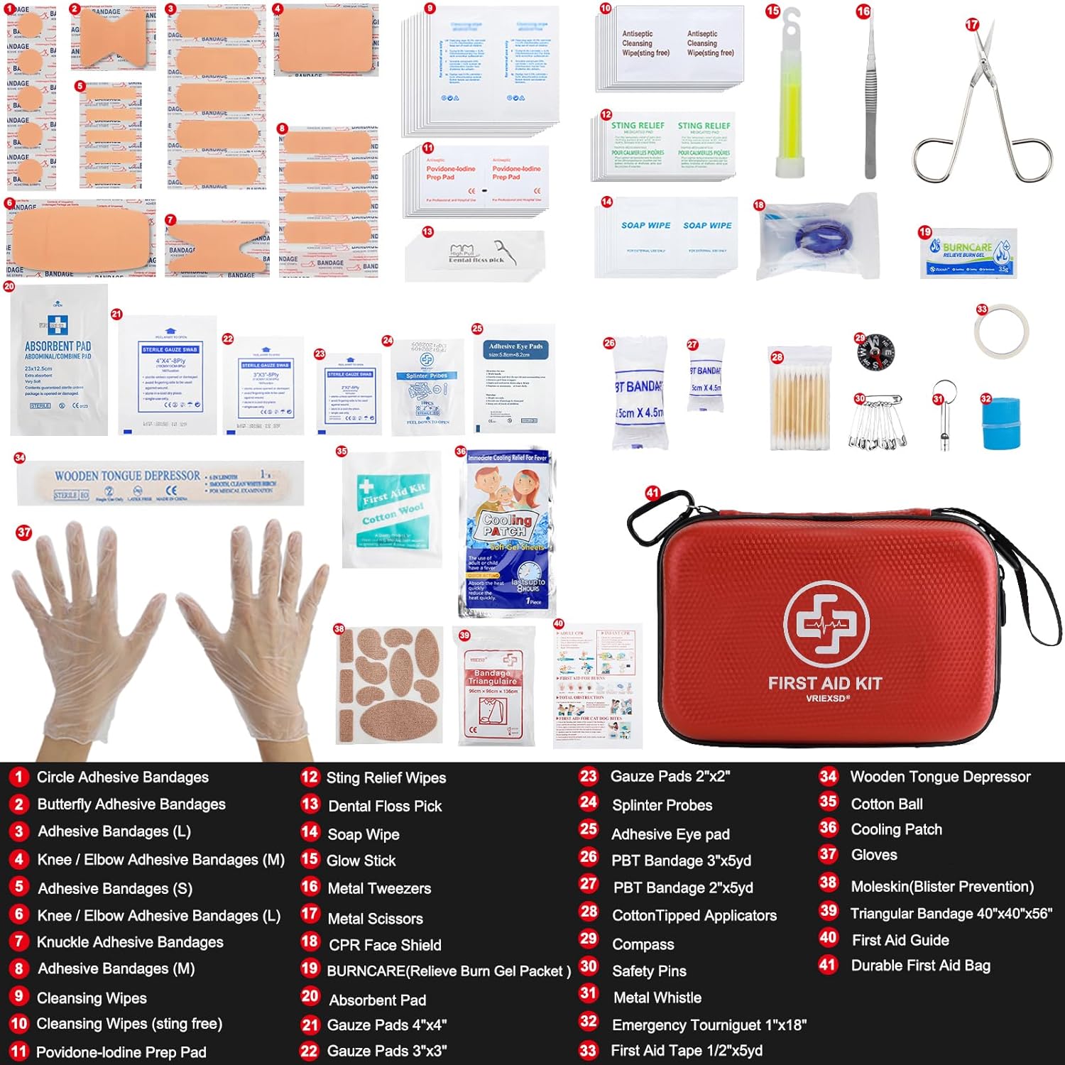 VRIEXSD Premium First Aid Kit, 320 Piece Waterproof Hard Shell Eva First Aid Kit for Home, Camping, Cars, Hiking, Travel, Businesses & Outdoor Emergencies - Emergency Medical Kits (Red) - Image 3