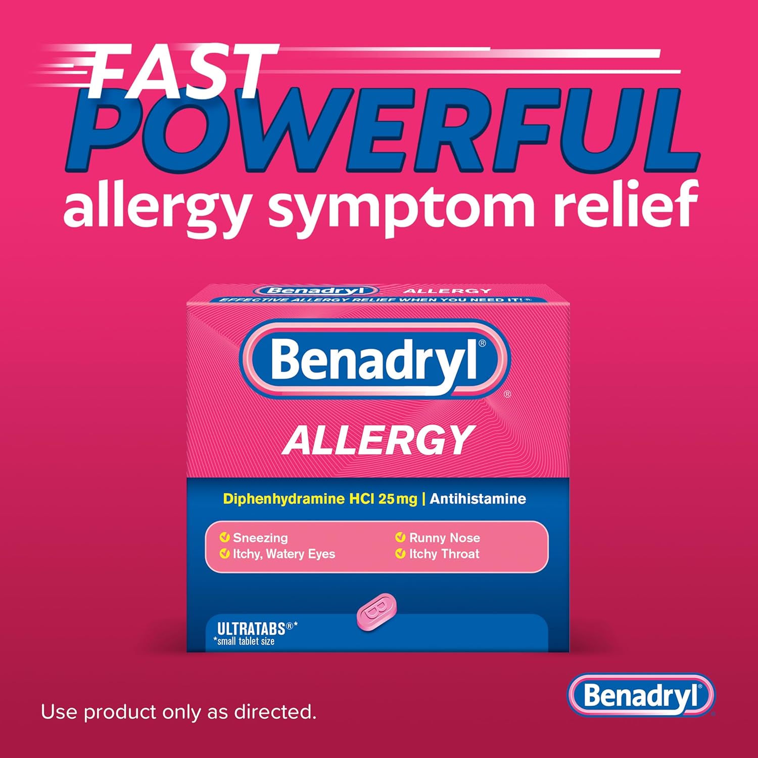 Benadryl Ultratabs Allergy Medicine, 25 mg Diphenhydramine HCl Antihistamine Tablets For Cold & Allergy Relief of Symptoms Like Sneezing, Runny Nose, Itchy Eyes & Throat, Hay Fever, 100 Count Tablets - Image 5