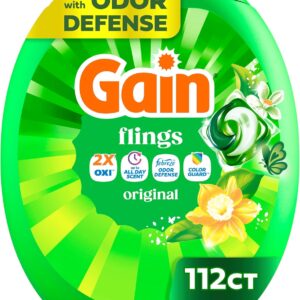 Gain Flings Liquid Washing Detergent Pods, Now with Odor Defense + Color Guard, Original Scent, 4-In-1 Liquid Laundry Detergent Pacs, Clean & Fresh, 112 Count (Packaging May Vary)