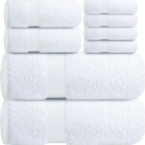 Infinitee Xclusives Luxury 100% Cotton Towel Set – 8 Piece Bathroom Towel Set (2 Bath Towels, 2 Hand Towels, 4 Washcloths) – Soft & Absorbent Towels for Bathroom (Brilliant White)