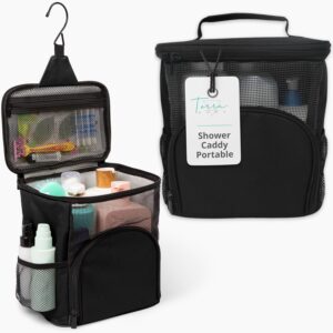 TERRA HOME Original Portable Shower Caddy For College Dorms – Foldable Mesh Tote – Dorm Room Essentials – Durable Hanging Travel Shower Bag – Perfect for College Students, Men, Women (Black)