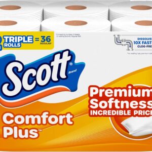 Scott ComfortPlus Toilet Paper, 12 Double Rolls, 231 Sheets per Roll, Septic-Safe, 1-Ply Toilet Tissue