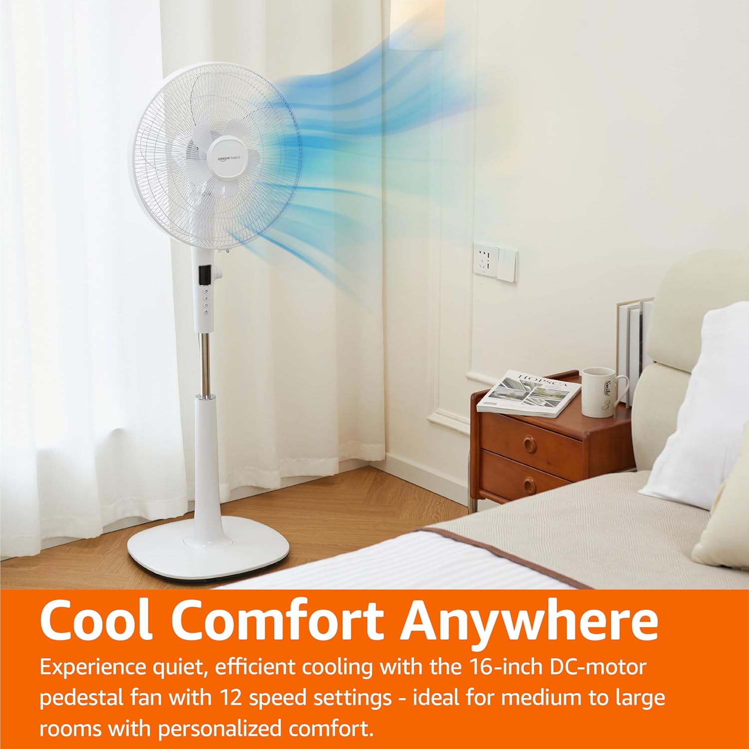 Amazon Basics 16-inch Quiet DC Motor Standing Floor Fan for Bedroom, 12 Speed with Remote, 3 Breeze Modes, Adjustable Height, Dual-Layered Blades, Timer, Energy Efficient (28W), White - Image 5