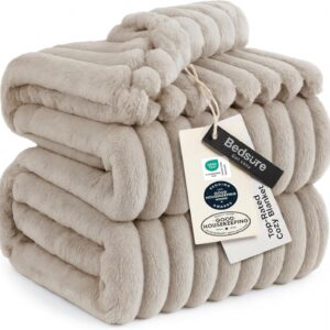 Bedsure GentleSoft Blankets Queen Size for Bed – Cozy Soft Blankets for Women, Cute Large Fleece Throws for Girls, Beige, 90×90 Inches