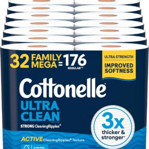 Cottonelle Ultra Clean Toilet Paper with Active CleaningRipples Texture, Strong Bath Tissue, 1-Ply, White, 32 Family Mega Rolls = 176 Regular (8 Packs of 4)