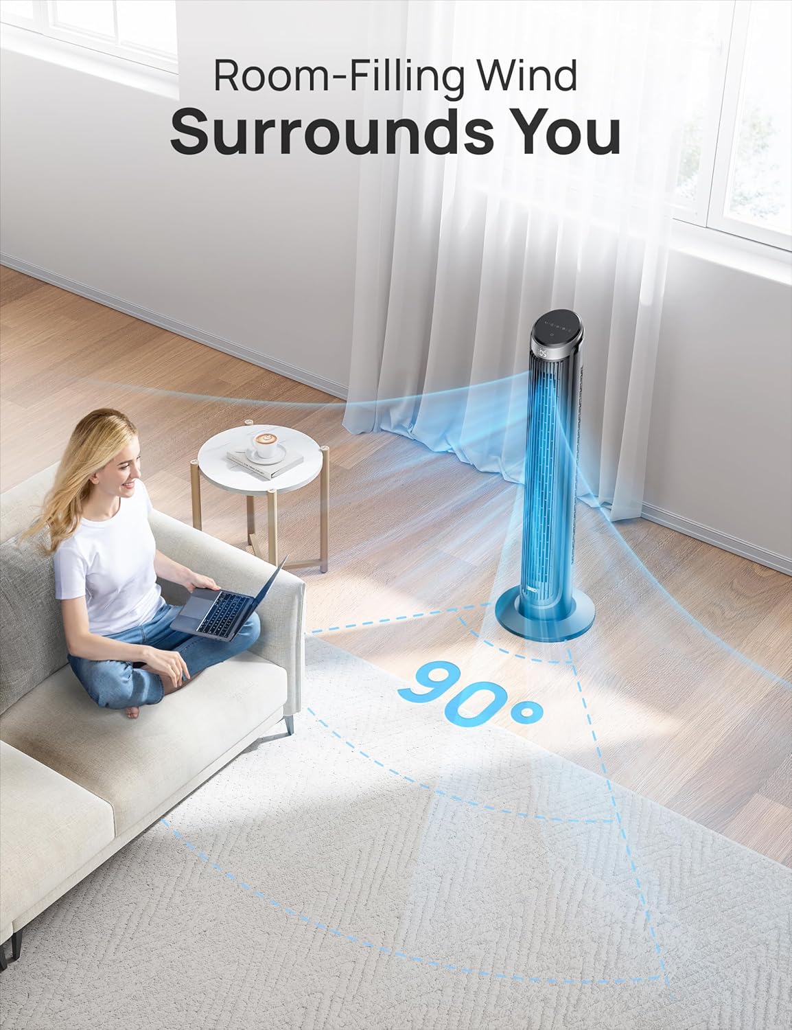 DREO Tower Fan for Bedroom, 90° Oscillating Fans that Blow Cold Air, 5 Speeds, 4 Modes with 26ft/s Velocity, 12H & 28dB Quiet Timer, Remote, Touch, 40" Standing Floor Fan for Home Office, Black - Image 4