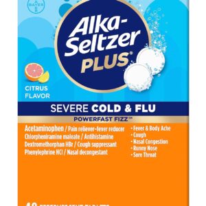 ALKA-SELTZER PLUS Severe, Cold & Flu Medicine, Citrus Effervescent Tablets, Nasal & Sinus Congestion, Sneezing, Runny Nose, Cough, Sore Throat, Fever, Headache and Body Aches & Pains, 48ct, Orange