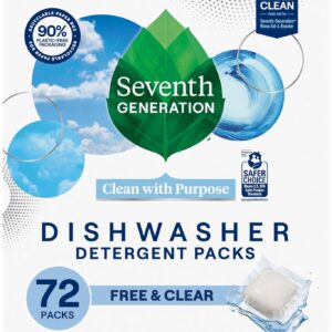 Seventh Generation Dishwasher Detergent Packs, Free & Clear, 72 Count, Pack of 1, Plant Powered Cleaning, Fights Greasy Reside & Stuck-On Food For Sparkling Dishes, Fragrance-Free & Septic Safe