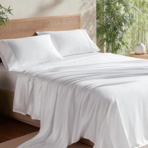 Bedsure King Size Sheet Set, Cooling Sheets, Rayon Derived from Bamboo, Deep Pocket Up to 16″, PureWoven, Breathable & Soft, Bed Sheets, Hotel Luxury Silky Bedding for Hot Sleepers, White