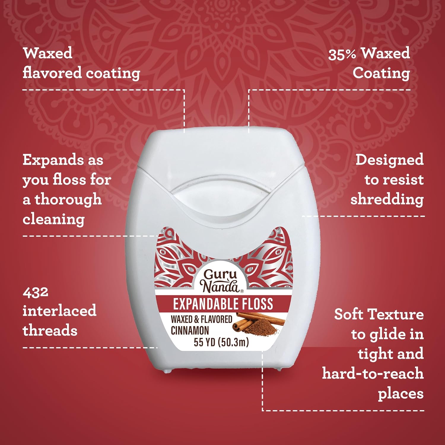 GuruNanda Expandable Waxed Dental Floss for Gentle, Deep Cleaning Wide Teeth Flossing - Cinnamon Flavor - 55 Yards - Image 3