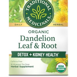 Traditional Medicinals Organic, Dandelion Leaf & Root – Dandelion Root Tea, Supports Normal Detox + Digestion – Kosher, Non-GMO, Caffeine-Free, Compostable – 16 Tea Bags
