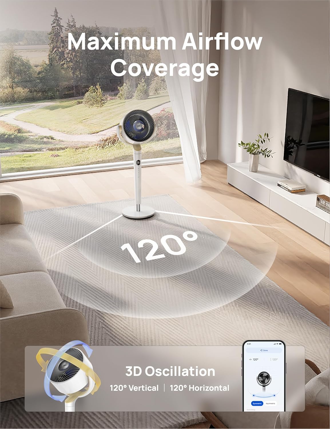 DREO Smart Fan for Bedroom, 120° +120° Omni-Directional Oscillating Fans, 100ft Quiet Pedestal Fan with RGB Light, 9 Speeds, 6 Modes, 20dB, 8H Timer, Wi-Fi/Voice/Alexa, 35-40" Floor Fans with Remote - Image 7