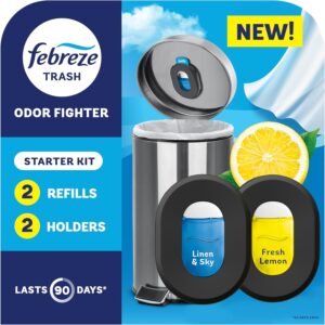 Febreze Trash Odor Fighter, Trash Can Air Freshener, Stick-On Deodorizer for Garbage Cans, Diaper Pails, Works with Scented Trash Bags, Fresh Lemon and Linen & Sky Scents, 2 Holders + 2 Refills