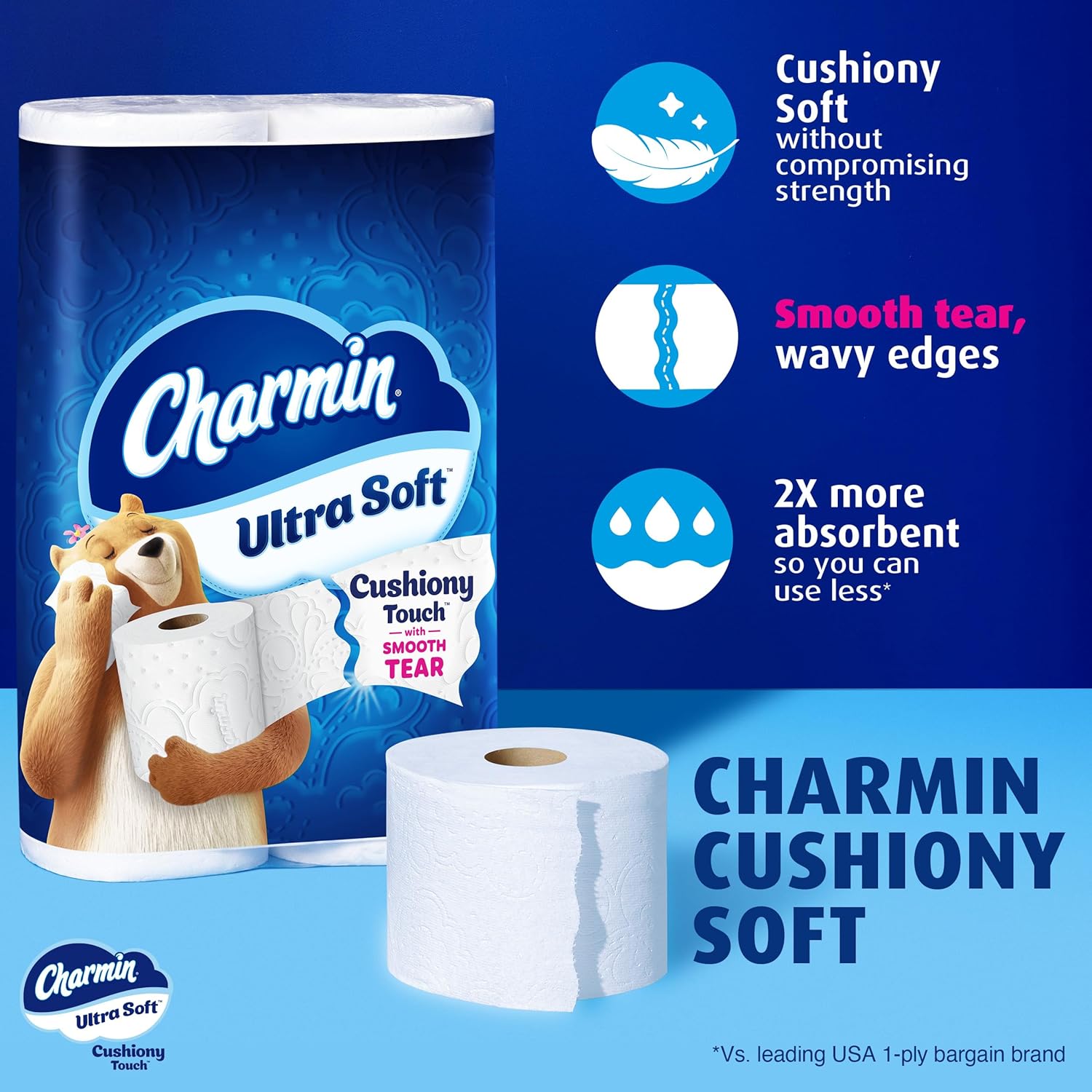 Charmin Ultra Soft Cushiony Touch 2-Ply Toilet Paper, 18 Family Mega Rolls = 90 Regular Rolls, White - Image 2