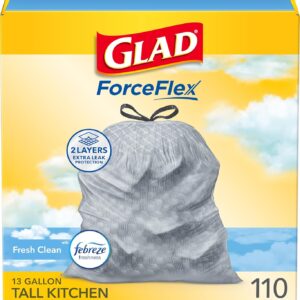 Glad Tall Kitchen Drawstring Trash Bags – Odorshield 13 Gallon White Trash Bag, Febreze Fresh Clean, 110 Count