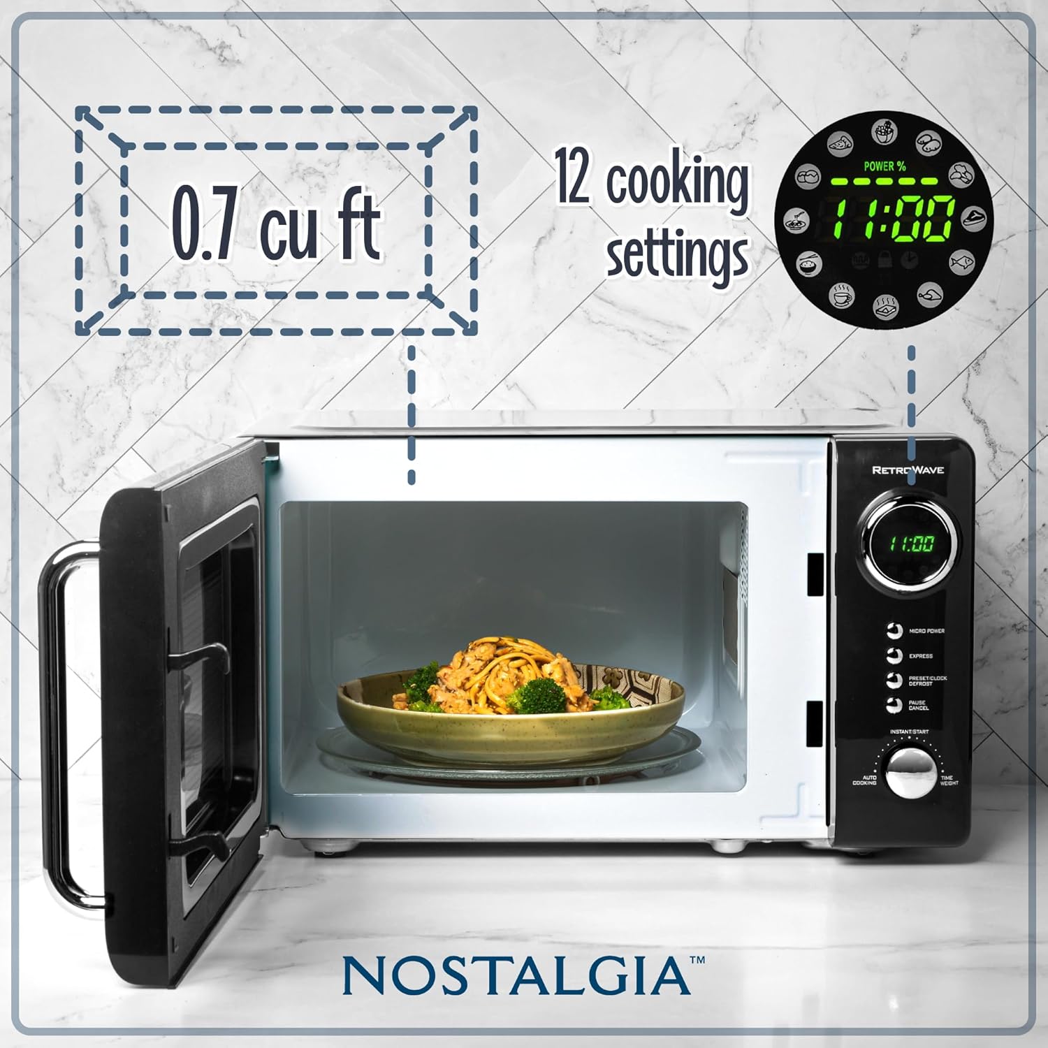 Nostalgia Retro Compact Countertop Microwave Oven - 0.7 Cu. Ft. - 700-Watts with LED Digital Display - Child Lock - Easy Clean Interior - Black - Image 2