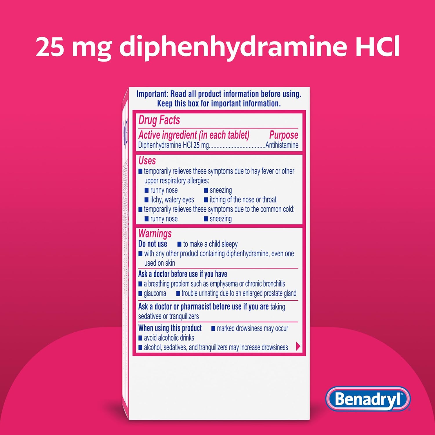 Benadryl Ultratabs Allergy Medicine, 25 mg Diphenhydramine HCl Antihistamine Tablets For Cold & Allergy Relief of Symptoms Like Sneezing, Runny Nose, Itchy Eyes & Throat, Hay Fever, 100 Count Tablets - Image 8