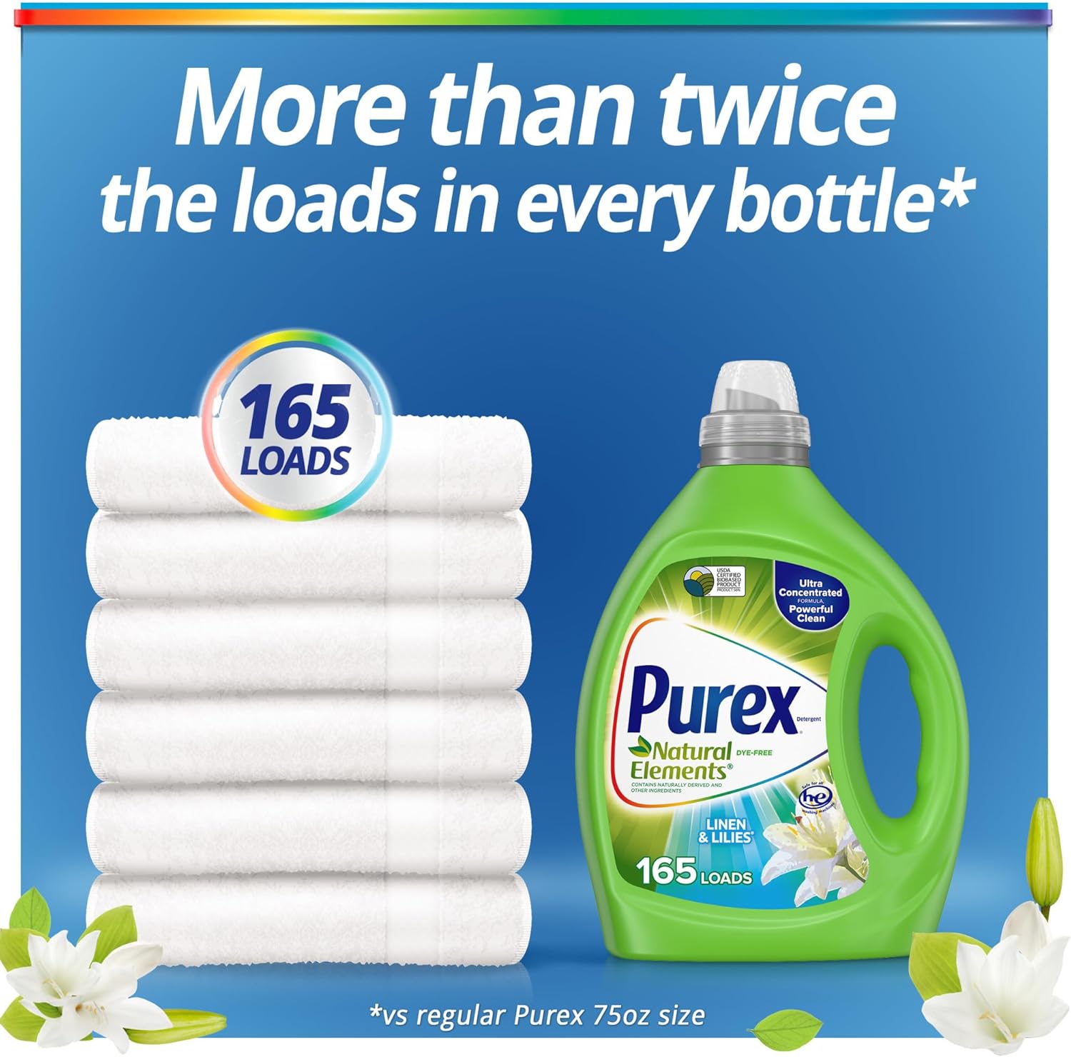 Purex Natural Elements Fresh Lilies & Linen Liquid Detergent, 82.5 oz, 165 Loads, Ultra-Concentrated, Dye-Free, USDA Certified Biobased Product - Image 6
