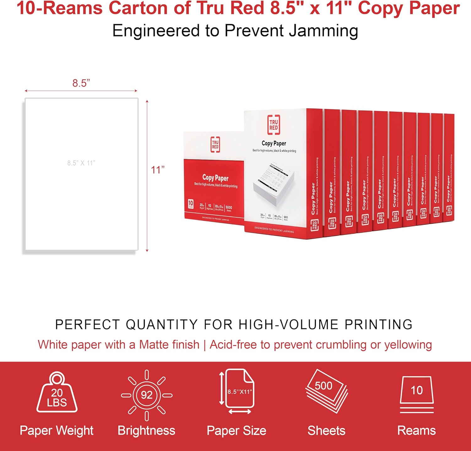 Staples TRU RED Copy & Printer Paper, 8.5 x 11, 20 lb, 92 Bright, 5,000 Sheets/Carton, White Letter Size Paper for Office, School & Home - Image 7