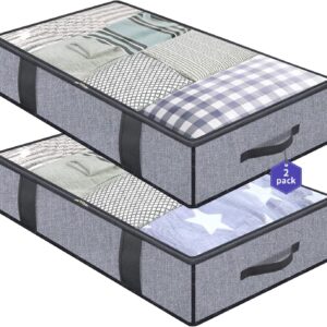 Onlyeasy Foldable Underbed Bags 2 Pack – Blankets Clothes Comforters Storage Bag Breathable Zippered Organizer for Bedroom with Clear Window and 4 Handles, 39.4×19.7×5.9 in, Linen-like Grey, MXDUBBP2