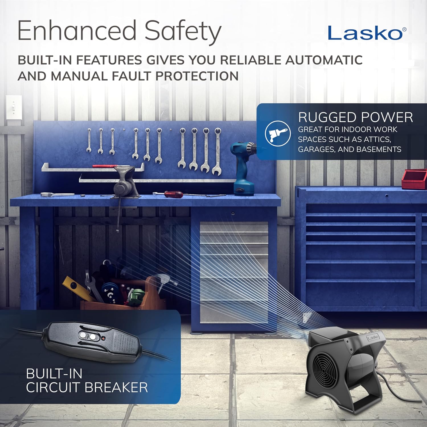 Lasko Portable Utility Fan, 12” 289 CFM Pivoting High Velocity Air Mover Blower Fan, 3 Speeds, 2 Accessory Outlets 120V, Black, U12104 - Image 5