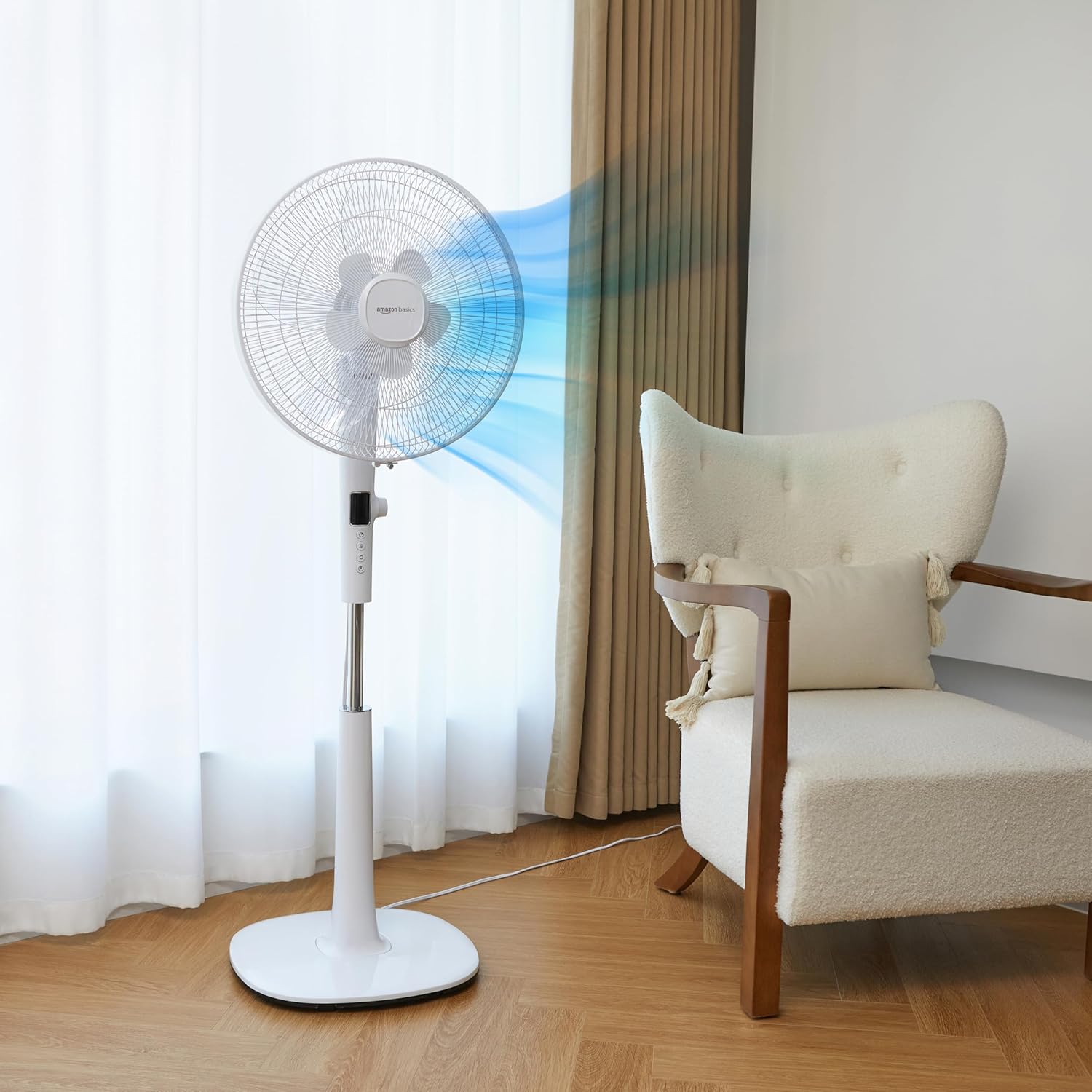 Amazon Basics 16-inch Quiet DC Motor Standing Floor Fan for Bedroom, 12 Speed with Remote, 3 Breeze Modes, Adjustable Height, Dual-Layered Blades, Timer, Energy Efficient (28W), White - Image 6