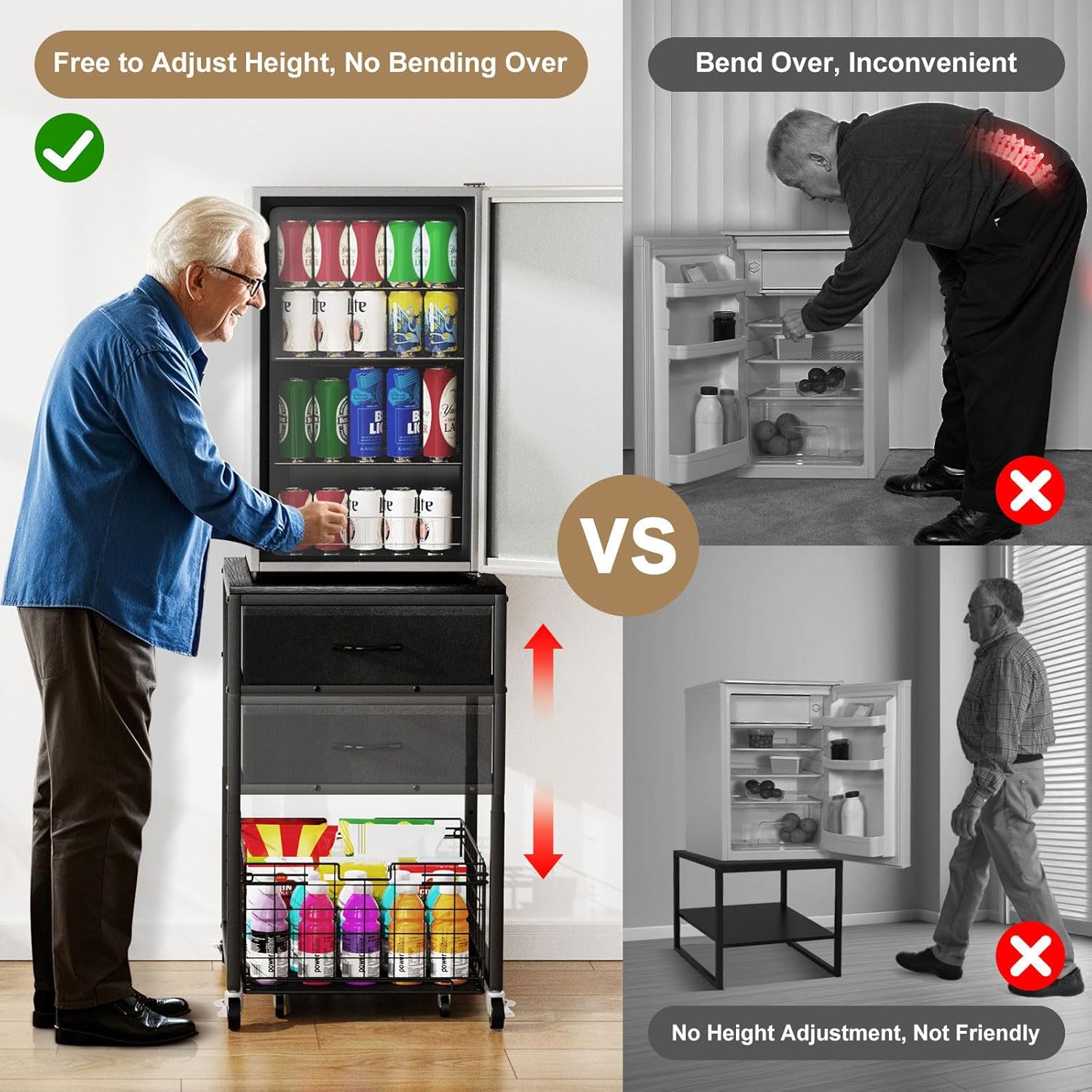 Housolution Mobile Mini Fridge Stand with Storage, Height-Adjustable Mini Beverage Fridge Table, Coffee Bar, 200 lbs Heavy-Duty Compact Refrigerator Shelf with Rolling Cabinet for Kitchen Home, Black - Image 6